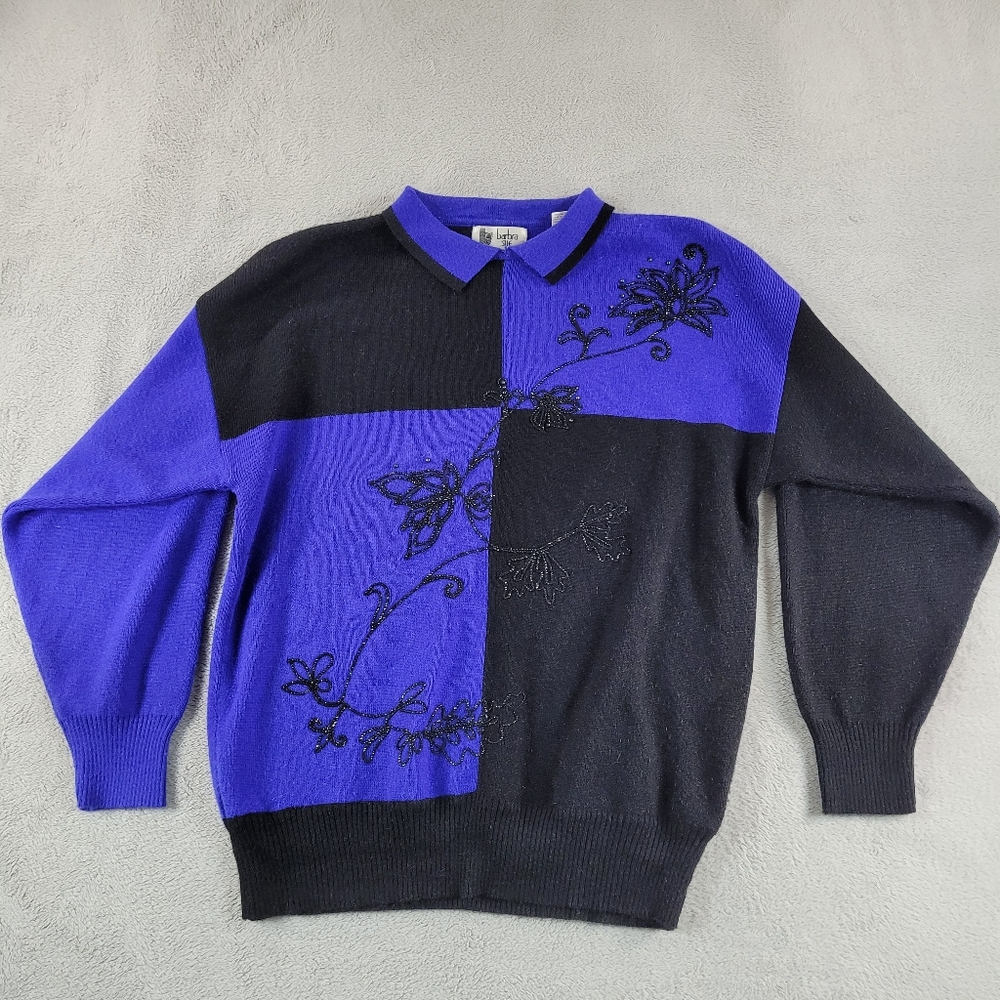 Vintage Barbra Sue Women's Black and Blue Color Block Grandma Sweater Sweater